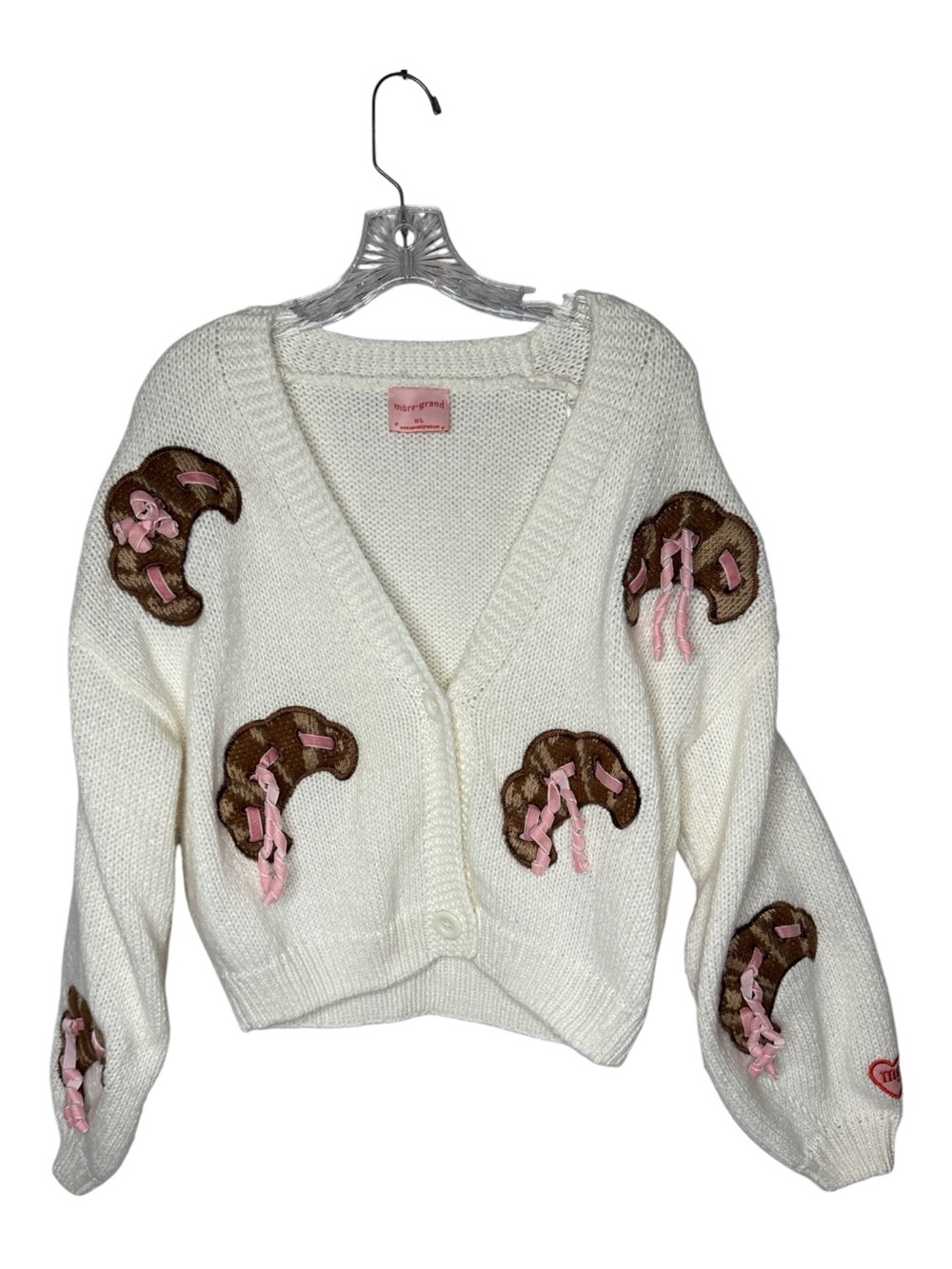 Mure + Grand Croissant Bow Cardigan Sweater White Pink Coquette M/L